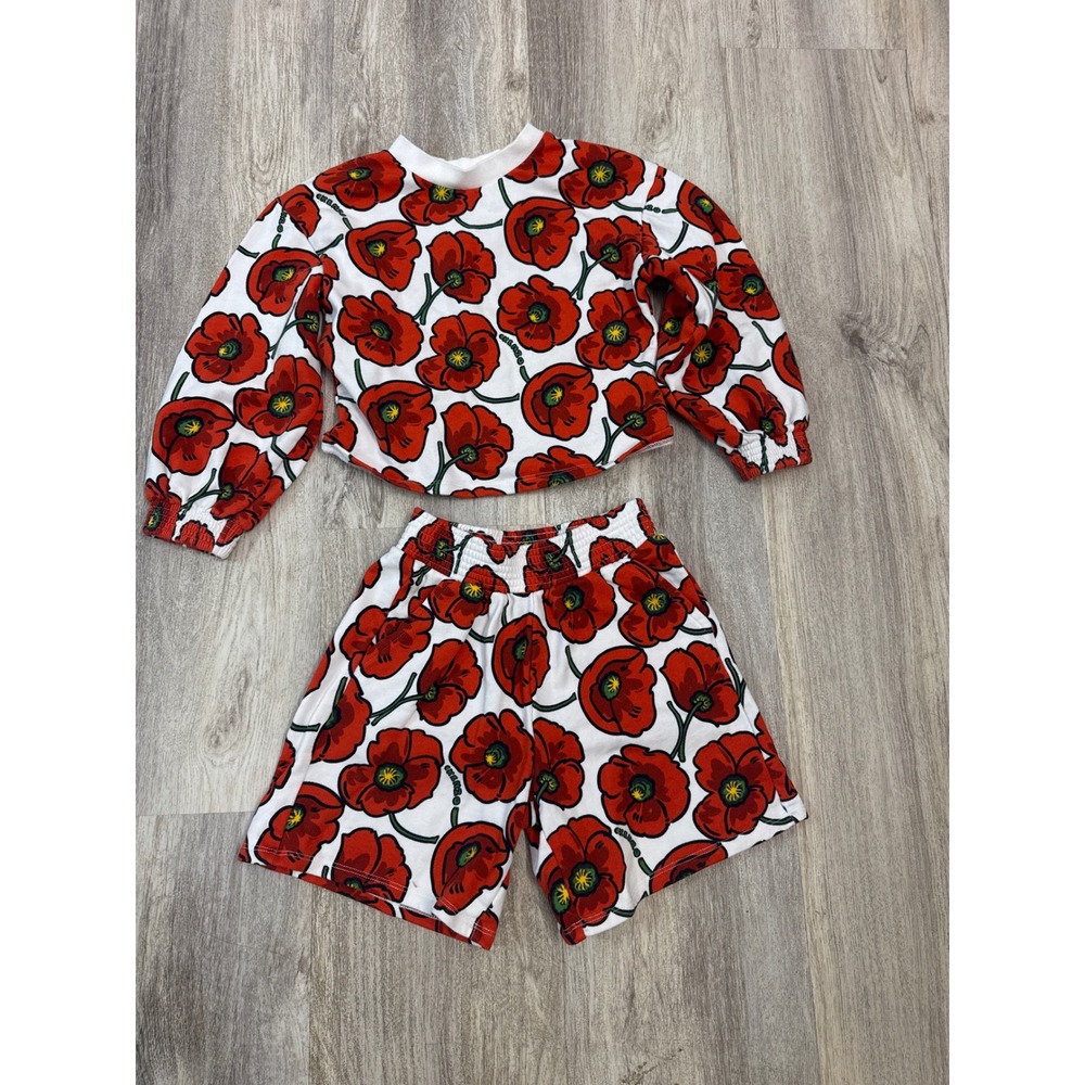 Kenzo Kids Red Poppy Floral Sweatshirt‎ and Shorts 2-Piece Set White Red 7/8